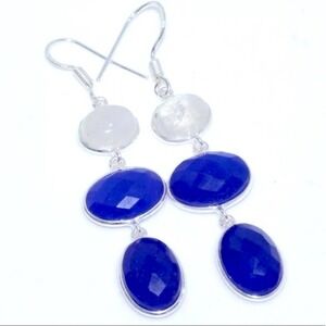Moonstone & Sapphire Drop Earrings 925 Sterling Silver Handmade Gemstone Dangle